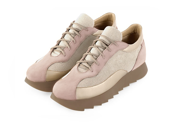 Powder pink and gold women's two-tone elegant sneakers. Round toe. Low rubber soles. Front view - Florence KOOIJMAN